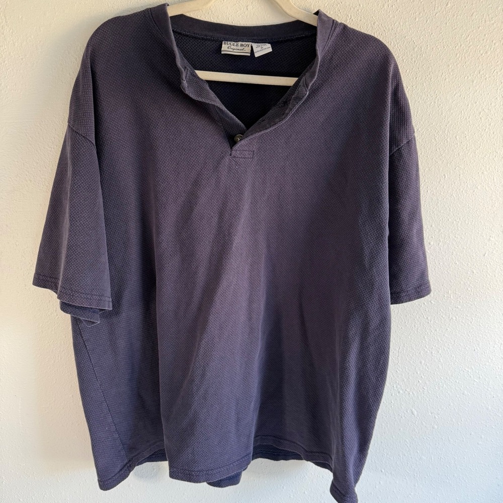 Vtg Bugle Boy Originals‎ Mens Indigo Textured Knit Henley Shirt Sz XL